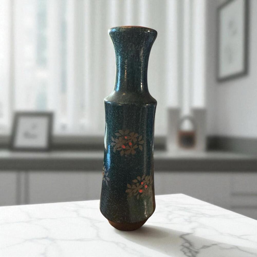 Decorative Vase 8" tall Speckled Hunter Green with Flowers Handpainted Bottle